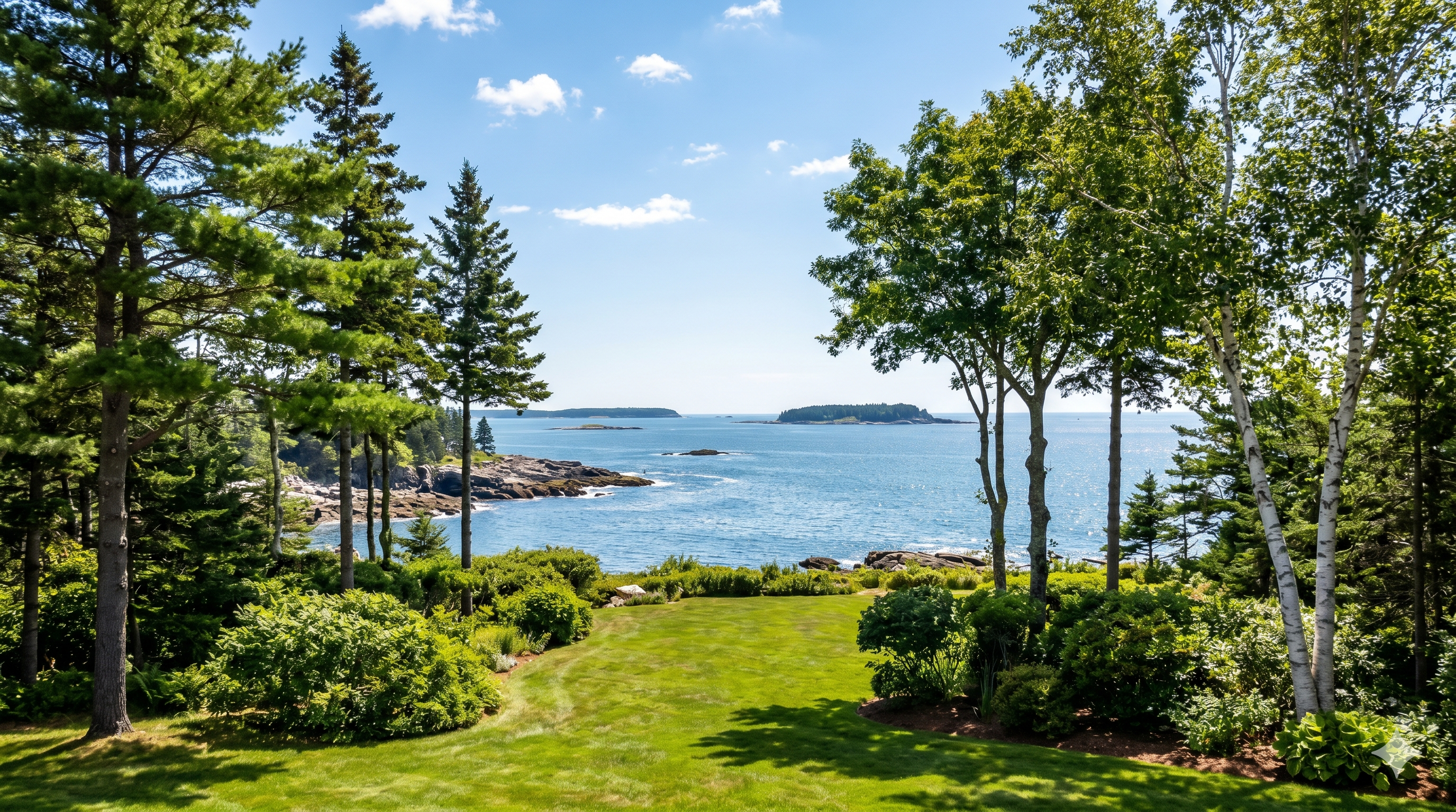 Coastal Maine — pines, birches, and ocean view
